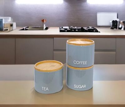 Grey Ceramic Stackable Canister Set with Bamboo Lids