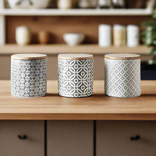 Geo Embossed Canister Set with Bamboo Lids