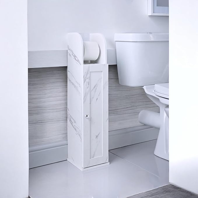Wooden Toilet Paper Roll Holder with Marble-Look Design