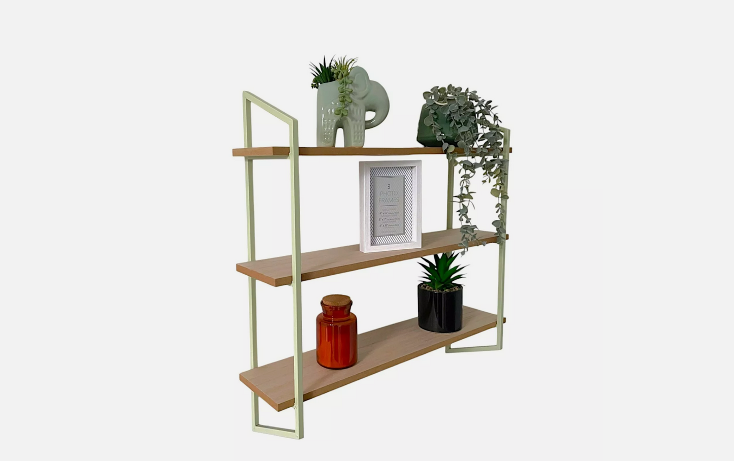 Three-Tier Wall Shelves with Sage Metal Frame
