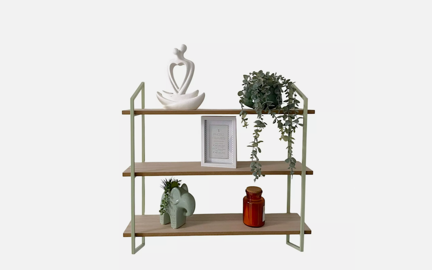 Three-Tier Wall Shelves with Sage Metal Frame