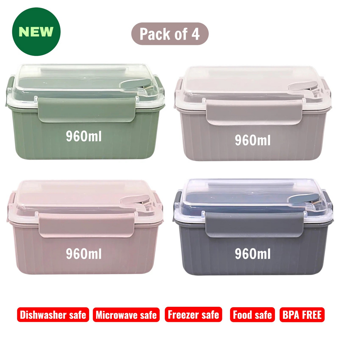 4 Pack Food Containers Food Storage - 960ml Each