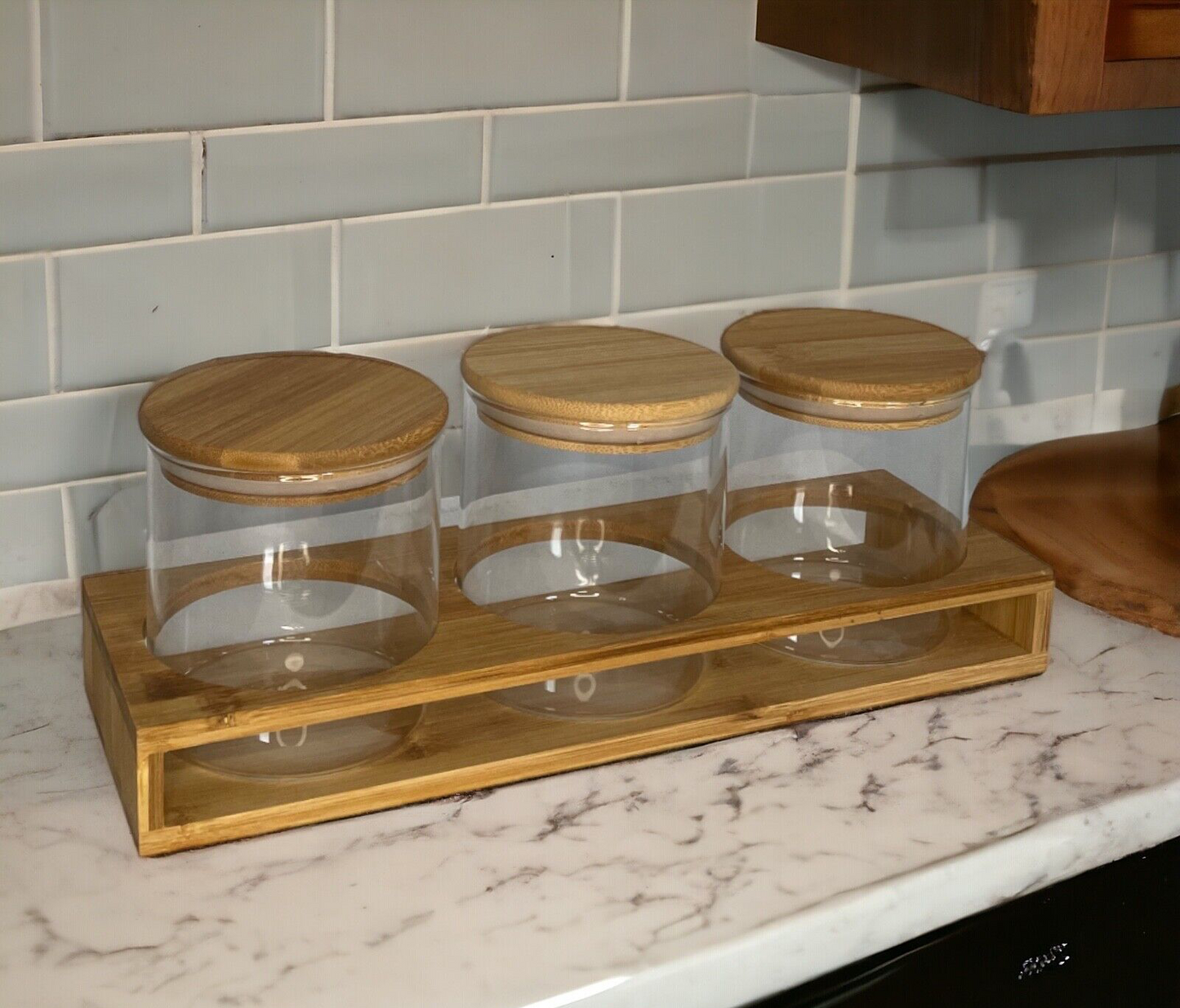 Set Of 3 Glass Jars with Bamboo Stand