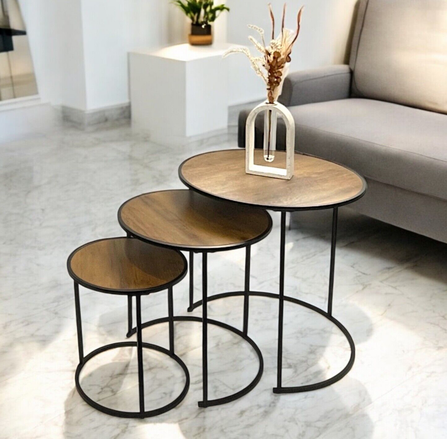 Set Of 3 Round Coffee Table Wooden Top Nest of 3 Tables Side Table - Rustic Oak