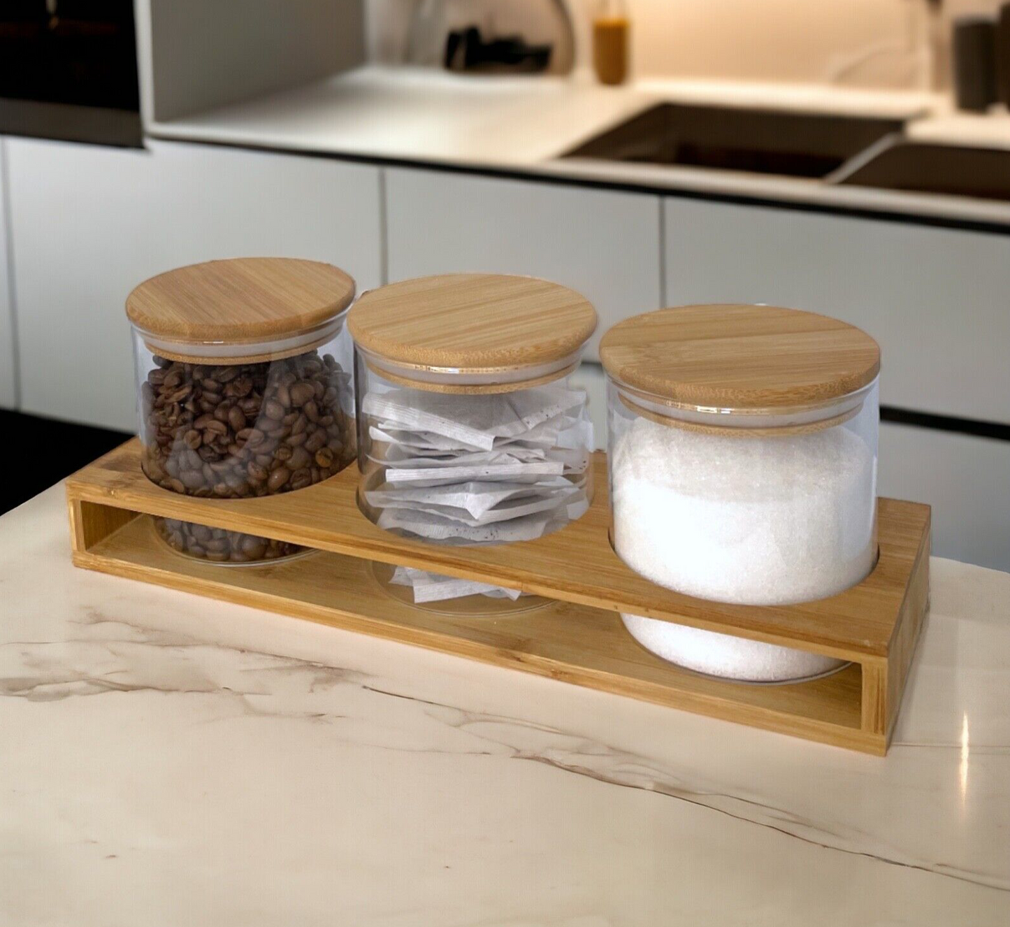 Set Of 3 Glass Jars with Bamboo Stand