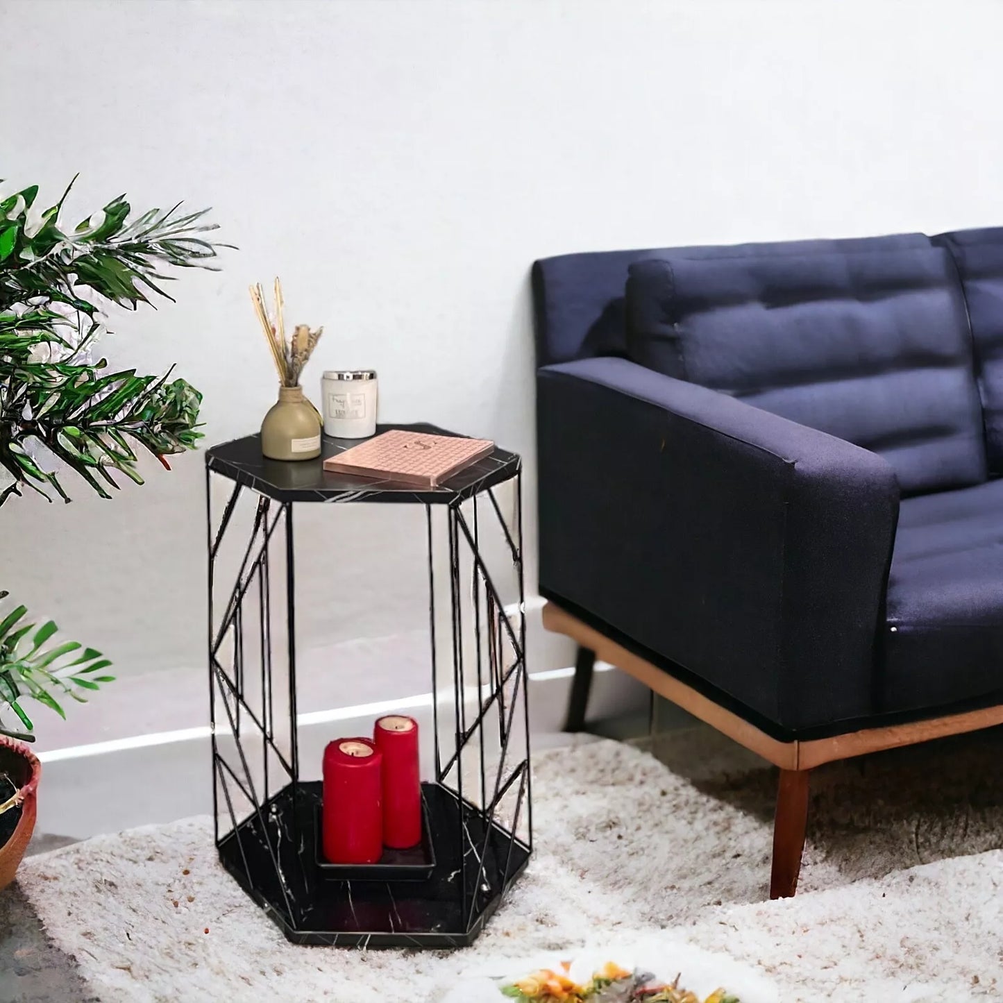 2 Tier Cage Table Black Marble Hallway Table