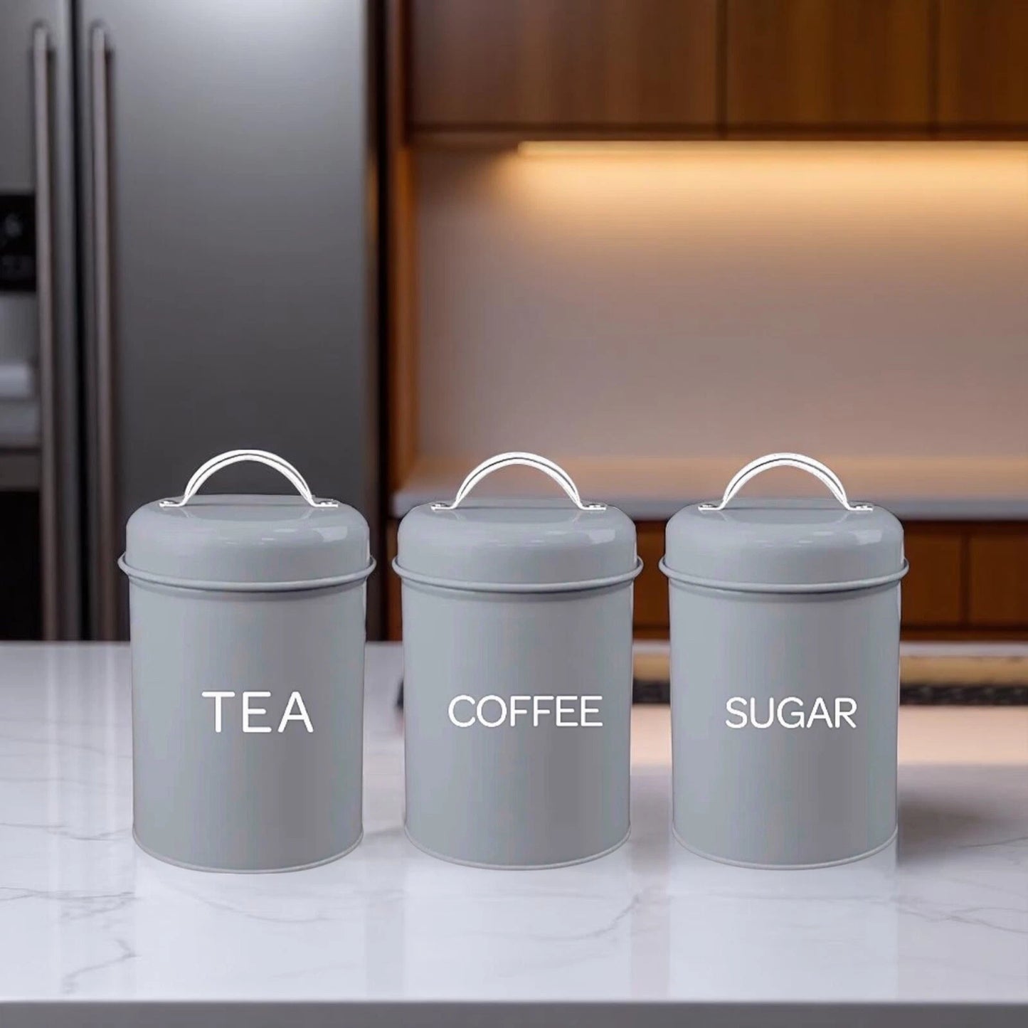 Set of 3 Canister Tea Coffee Sugar (Grey)