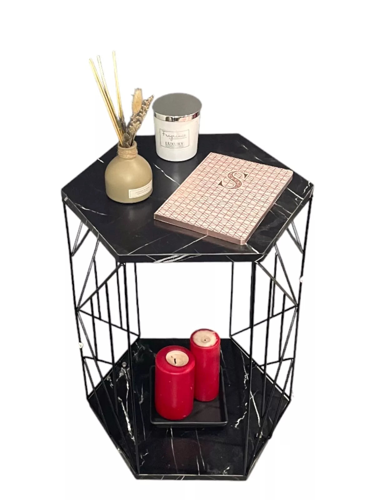 2 Tier Cage Table Black Marble Hallway Table