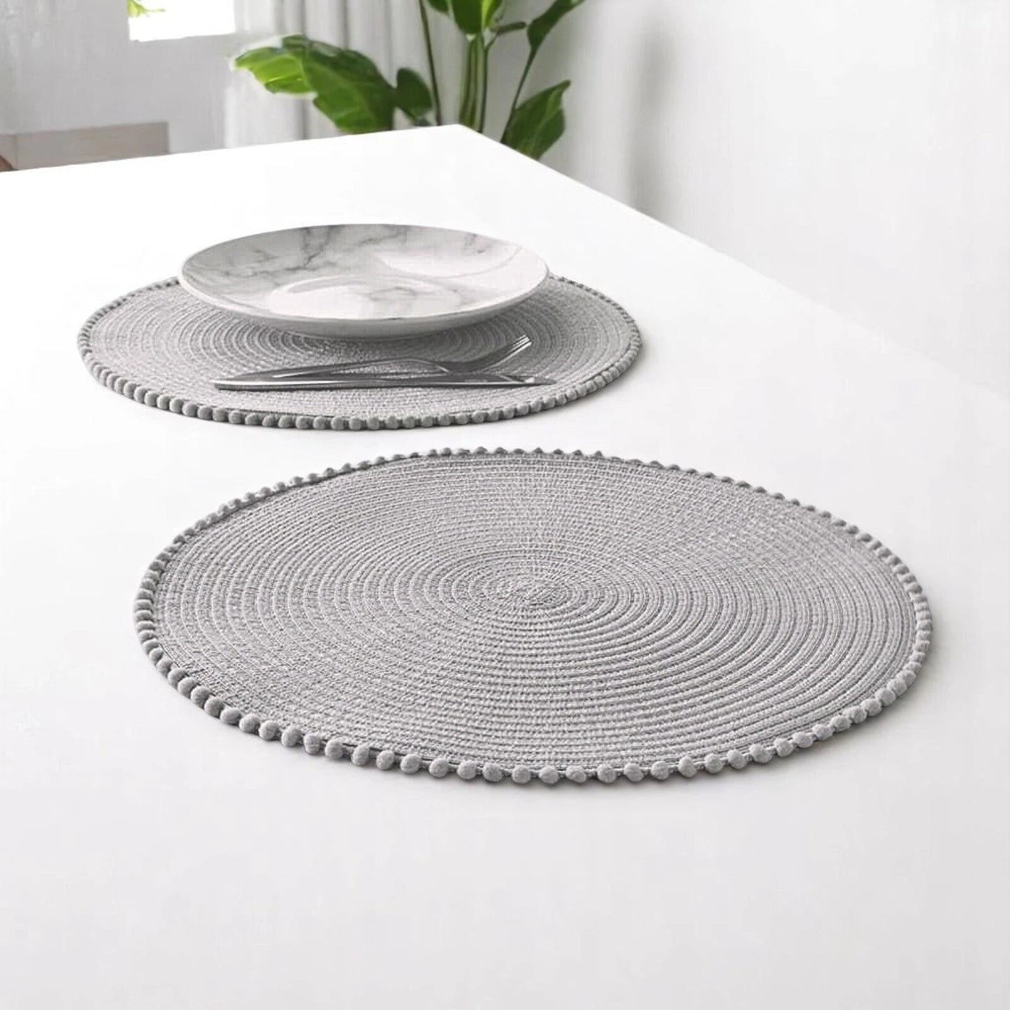 Grey Round Pom Pom Placemats set of 4