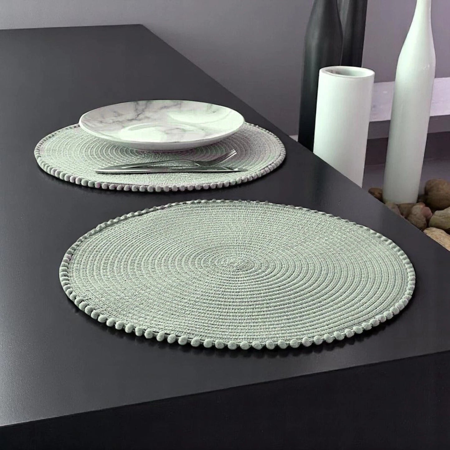 Green Round Pom Pom Placemats set of 4 Table Mats