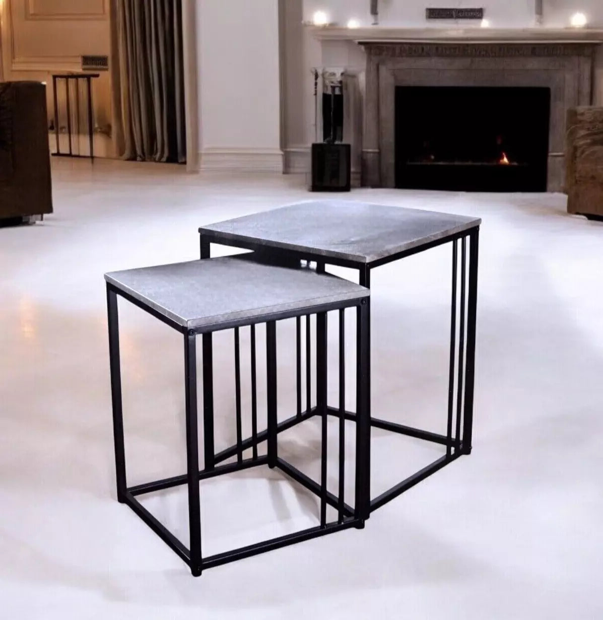 Set of 2 Grey Marble Effect Nesting Tables