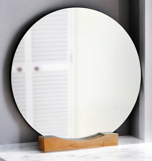 Round Mirror With Oak Wooden Stand