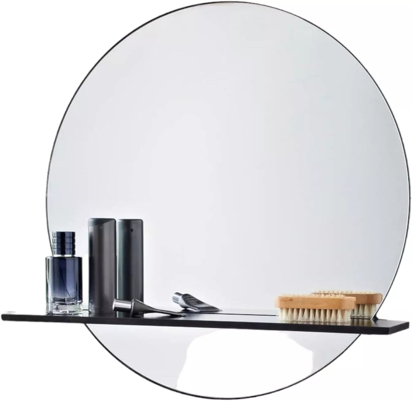 Black Round Bathroom Mirror With Cosmetics Shelf