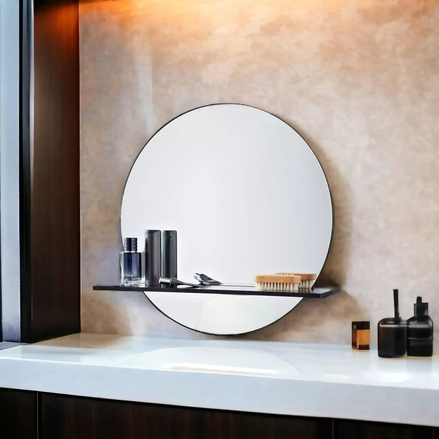 Black Round Bathroom Mirror With Cosmetics Shelf
