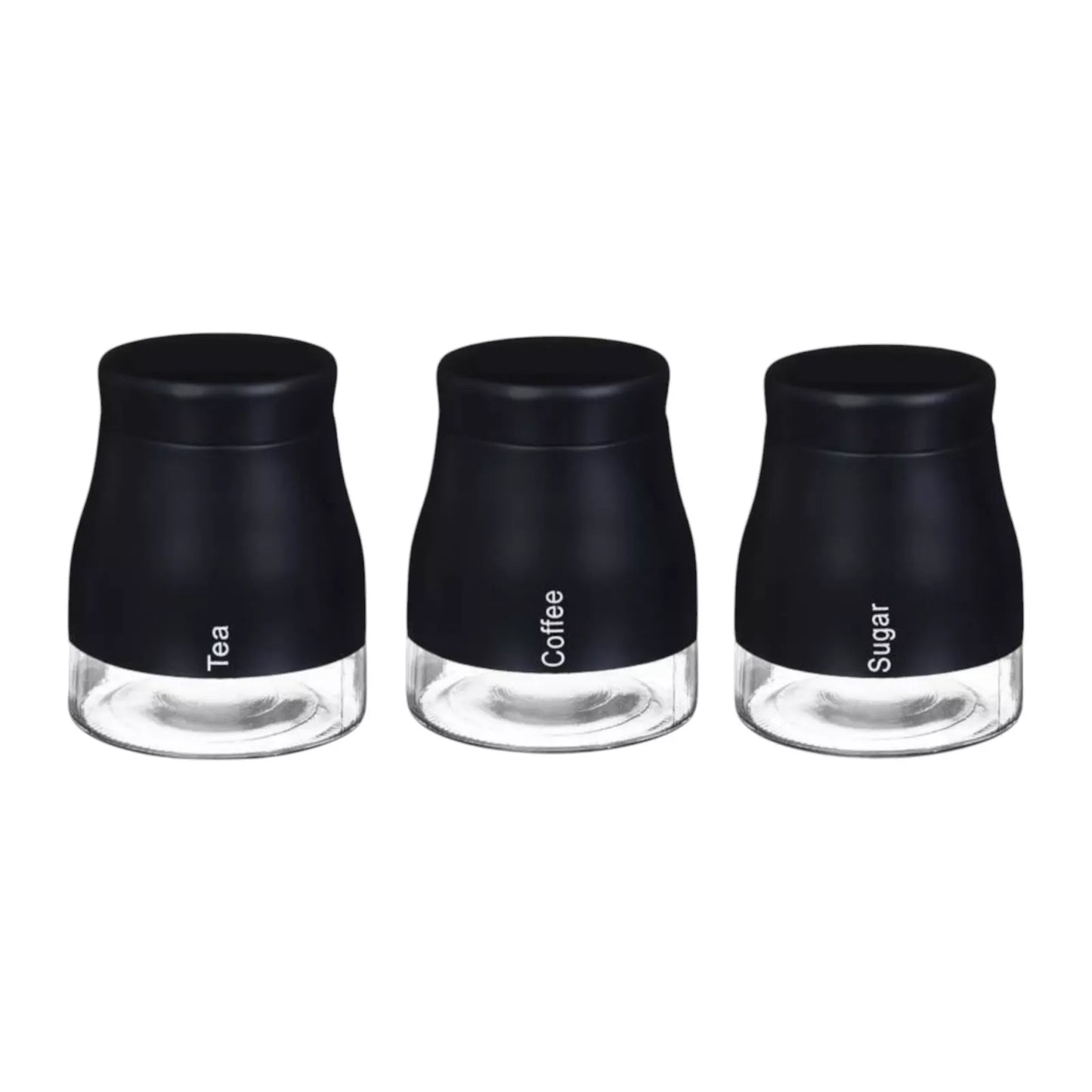 Set Of 3 Glass Tea Coffee Sugar Jars (Black)