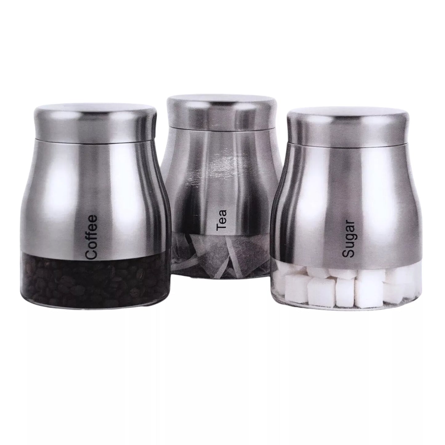 Set Of 3 Silver Glass Tea Coffee Sugar Jars