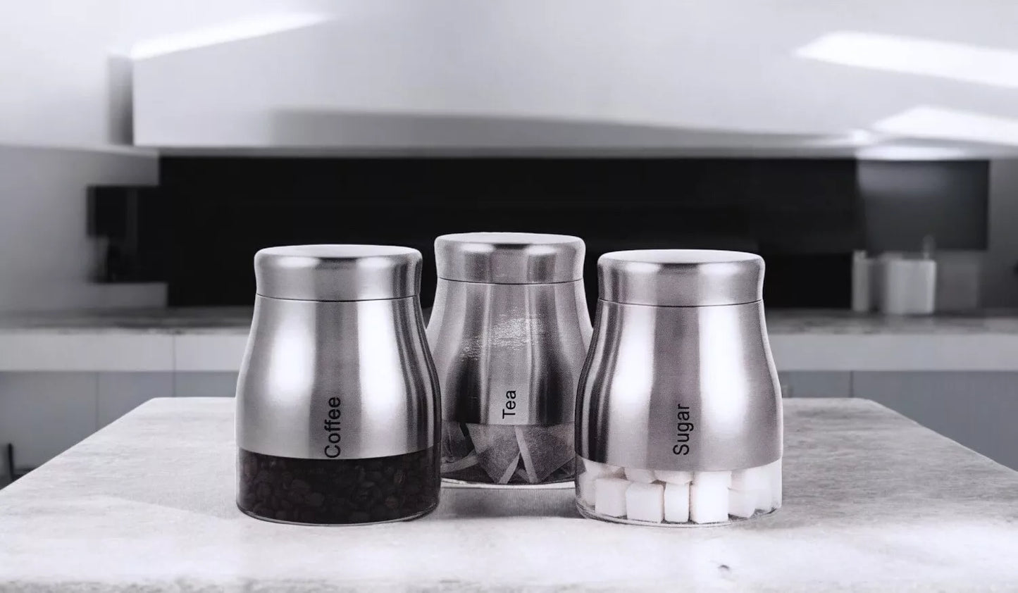 Set Of 3 Silver Glass Tea Coffee Sugar Jars