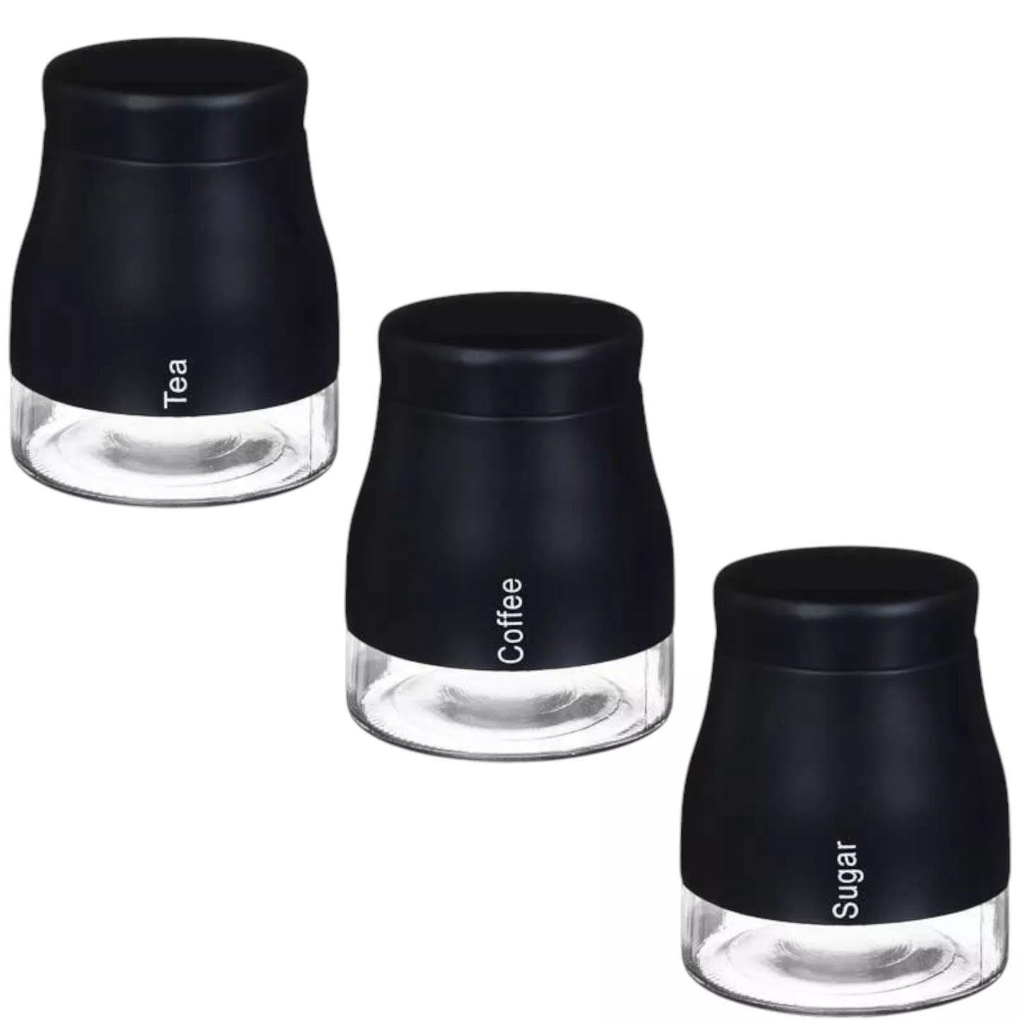 Set Of 3 Glass Tea Coffee Sugar Jars (Black)