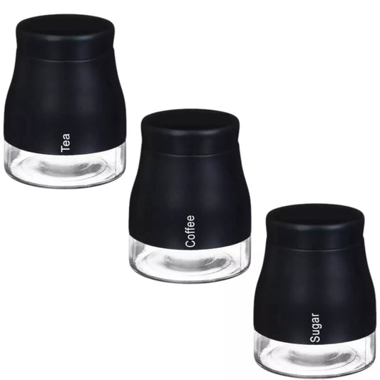 Set Of 3 Glass Tea Coffee Sugar Jars (Black)