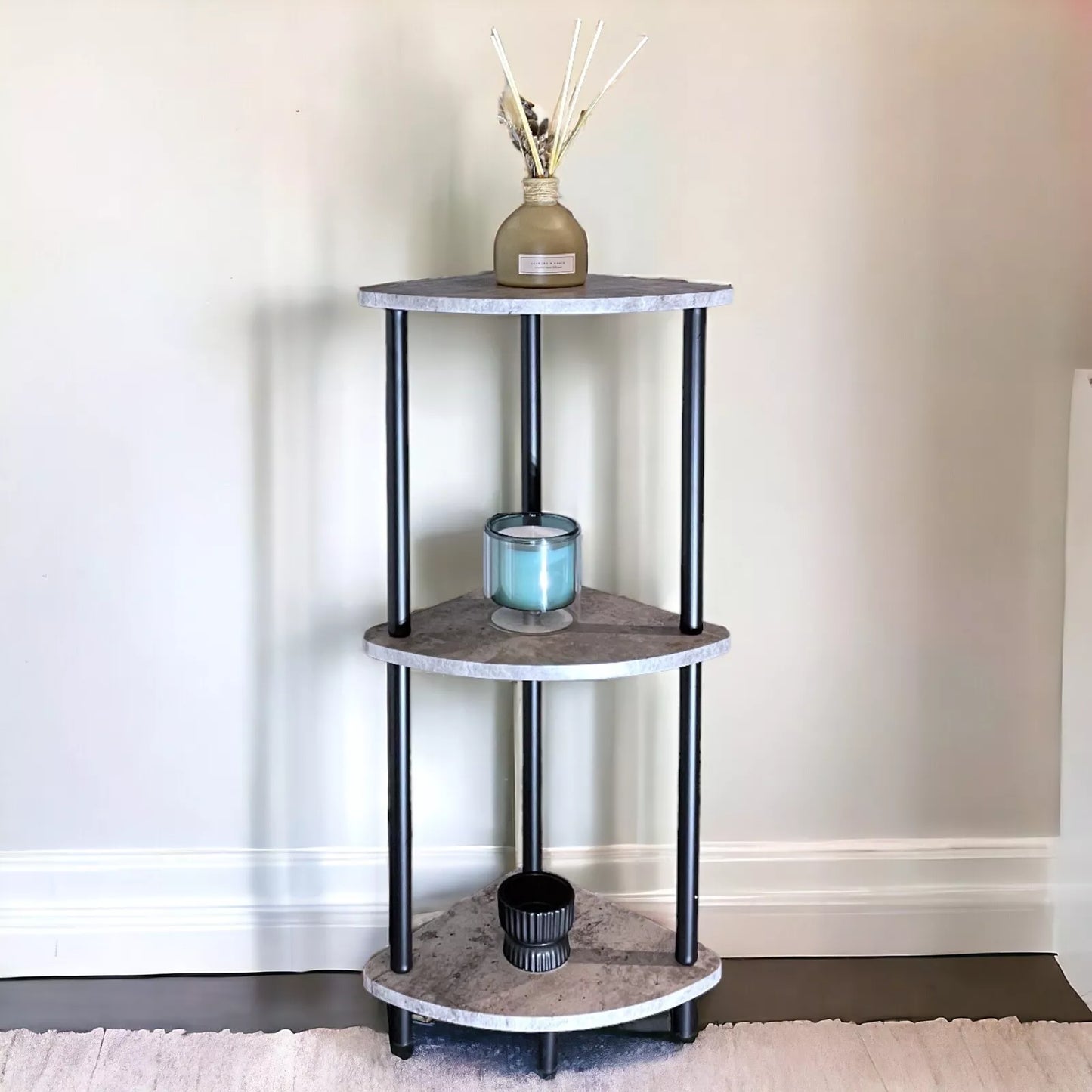 3 Tier Grey Marble Effect Corner Shelves