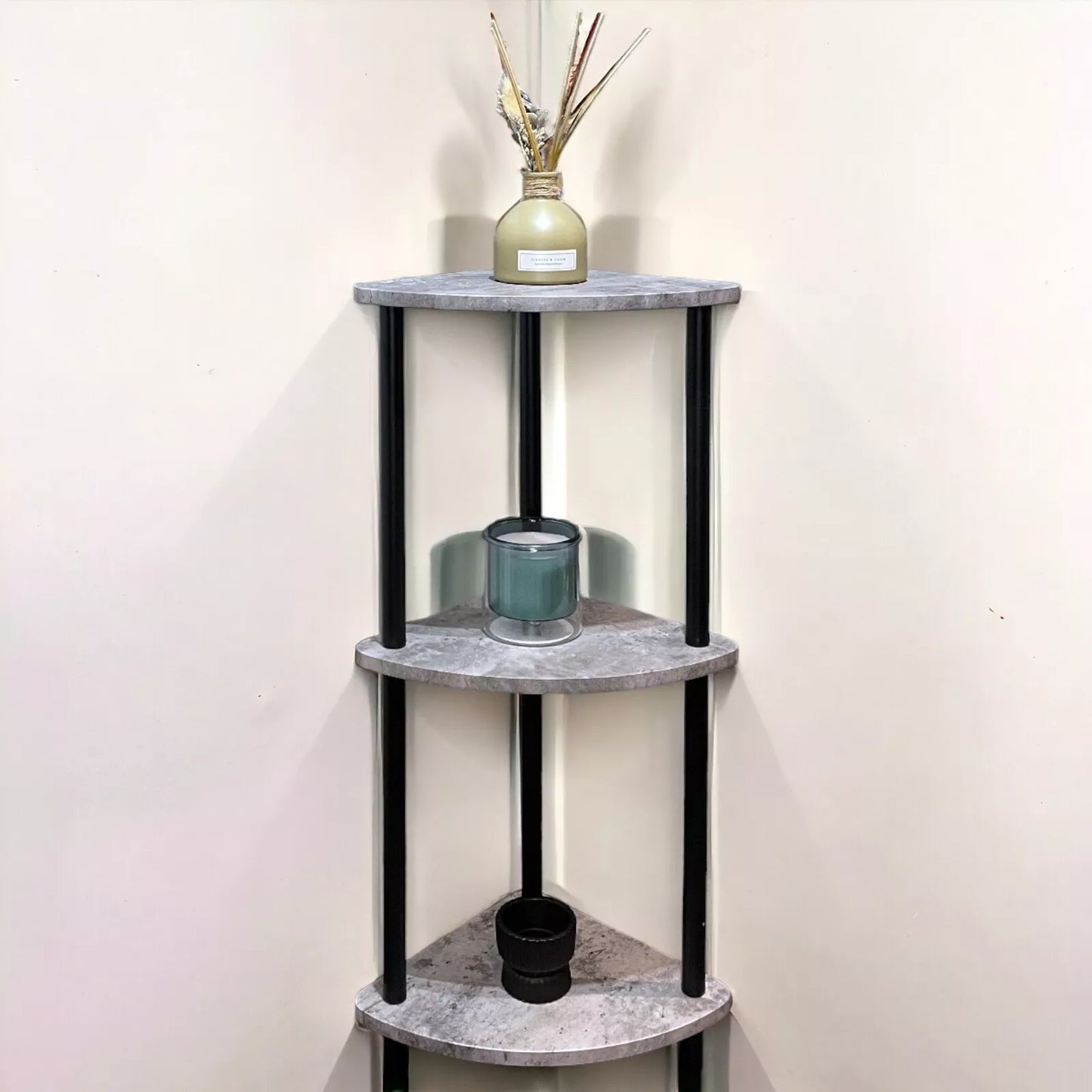 3 Tier Grey Marble Effect Corner Shelves