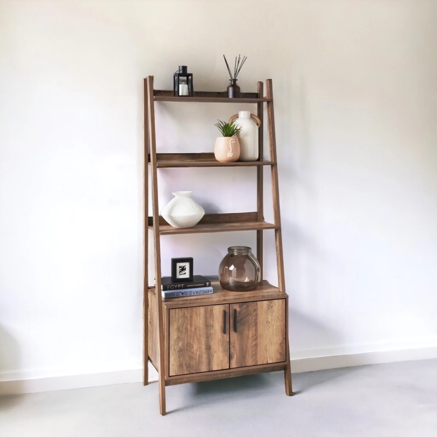 2 Door 4 Tier Shelves Tall Bookcase Ladder