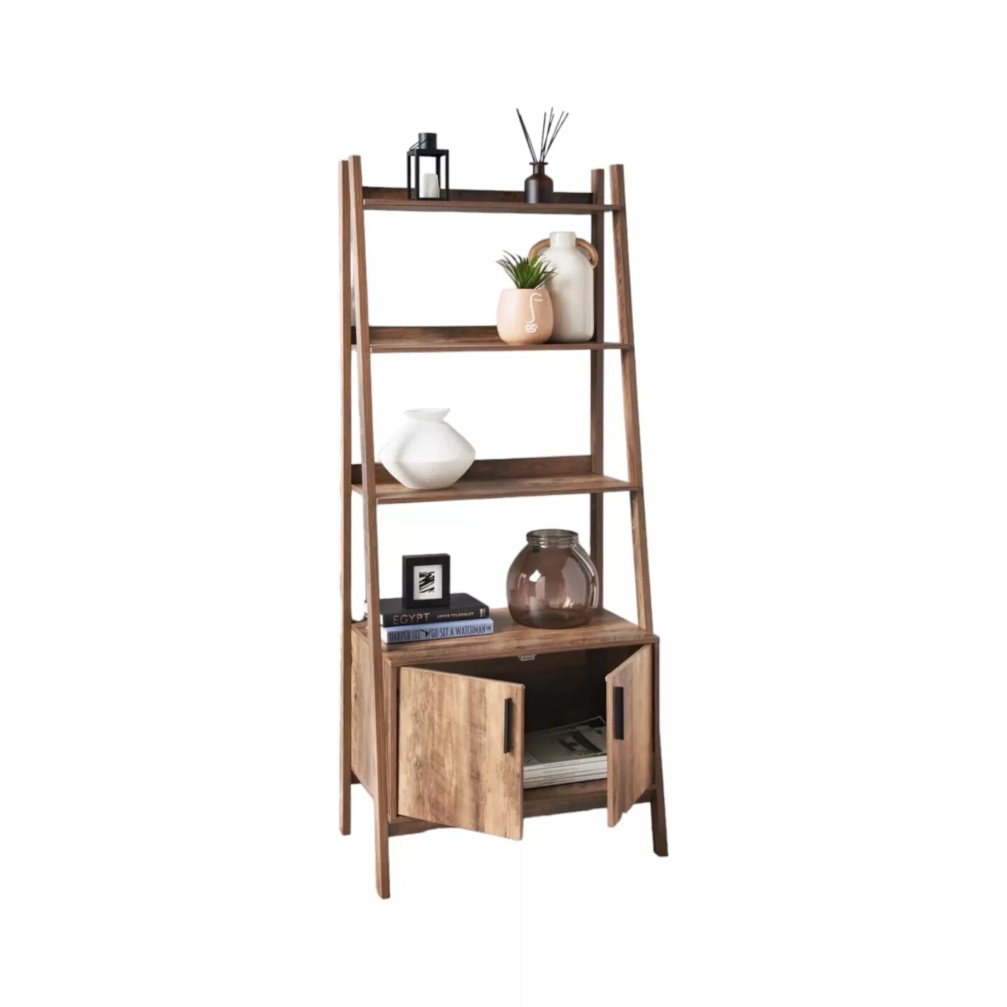 2 Door 4 Tier Shelves Tall Bookcase Ladder