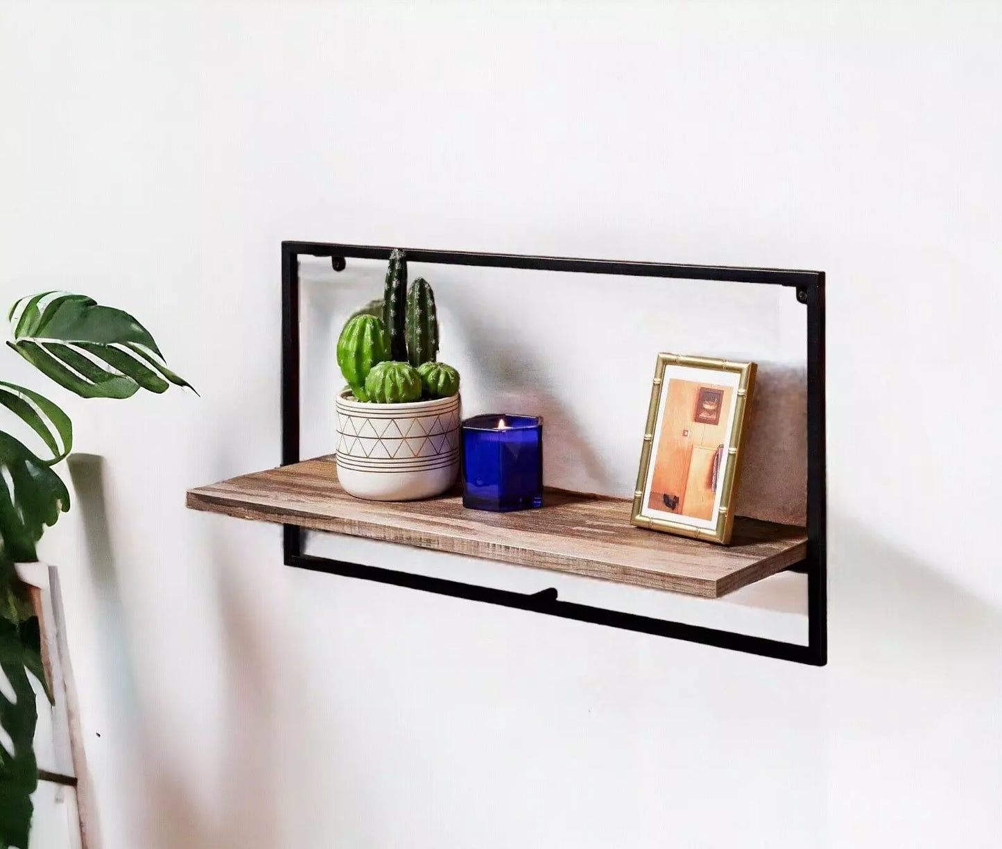 Wide Shelf Black Metal Frame With Wooden Shelf