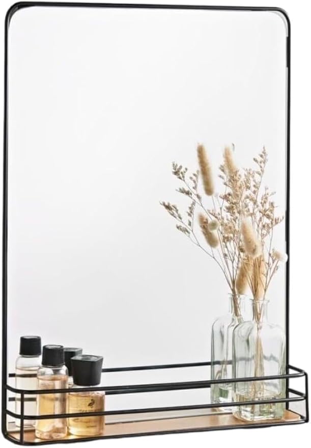 Black Metal Frame Bathroom Mirror with Wooden Shelf