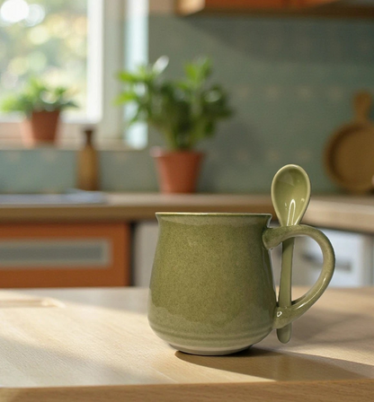 Glazed Mug and Spoon Set – Coffee & Tea Cup- Green