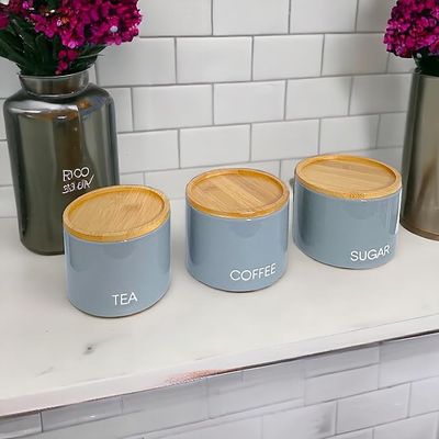 Grey Ceramic Stackable Canister Set with Bamboo Lids