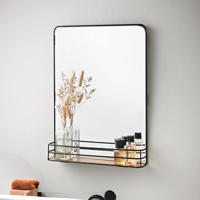 Black Metal Frame Bathroom Mirror with Wooden Shelf