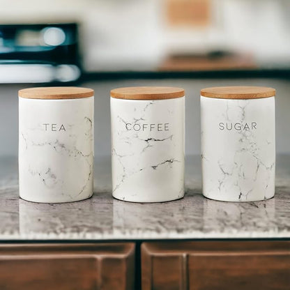 Marble Ceramic Canister Set with Bamboo Lids