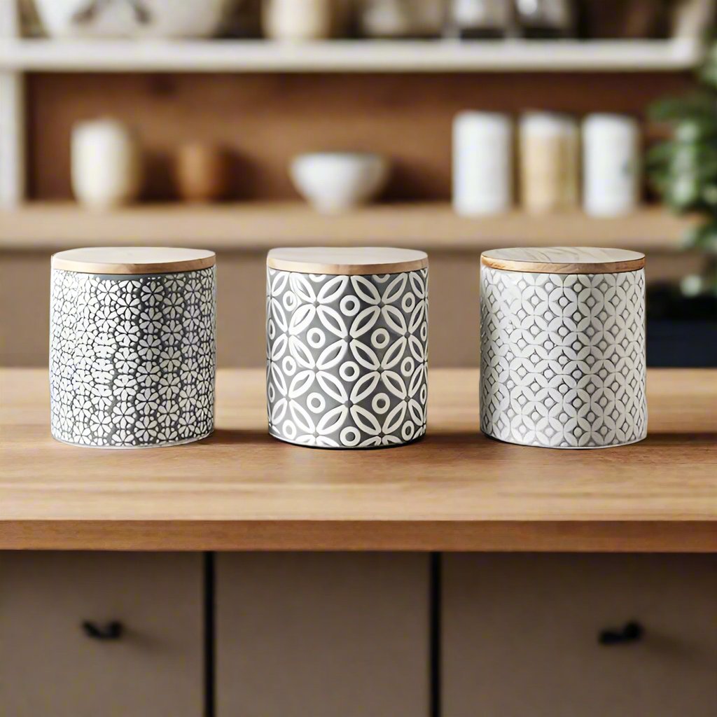 Geo Embossed Canister Set with Bamboo Lids