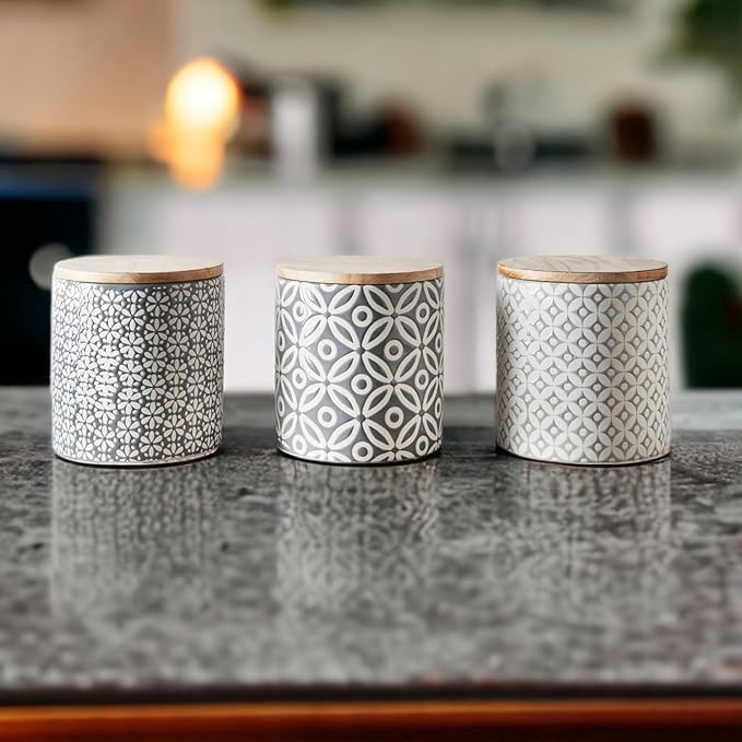 Geo Embossed Canister Set with Bamboo Lids