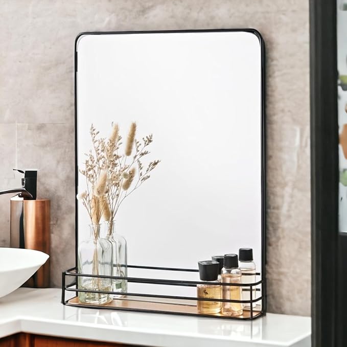 Black Metal Frame Bathroom Mirror with Wooden Shelf