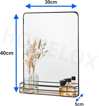 Black Metal Frame Bathroom Mirror with Wooden Shelf