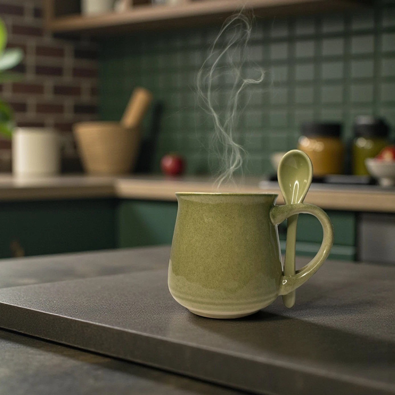 Glazed Mug and Spoon Set – Coffee & Tea Cup- Green