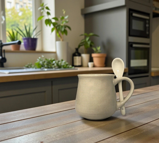 Glazed Mug and Spoon Set – Coffee & Tea Cup- Natural