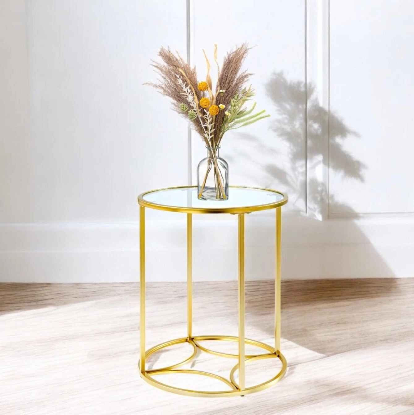 Gold Round Coffee Table with Clear Glass