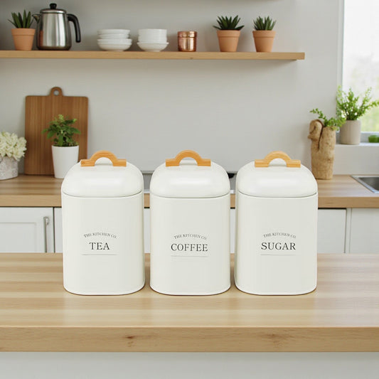 Tea Coffee Sugar Metal Canisters Set of 3- white