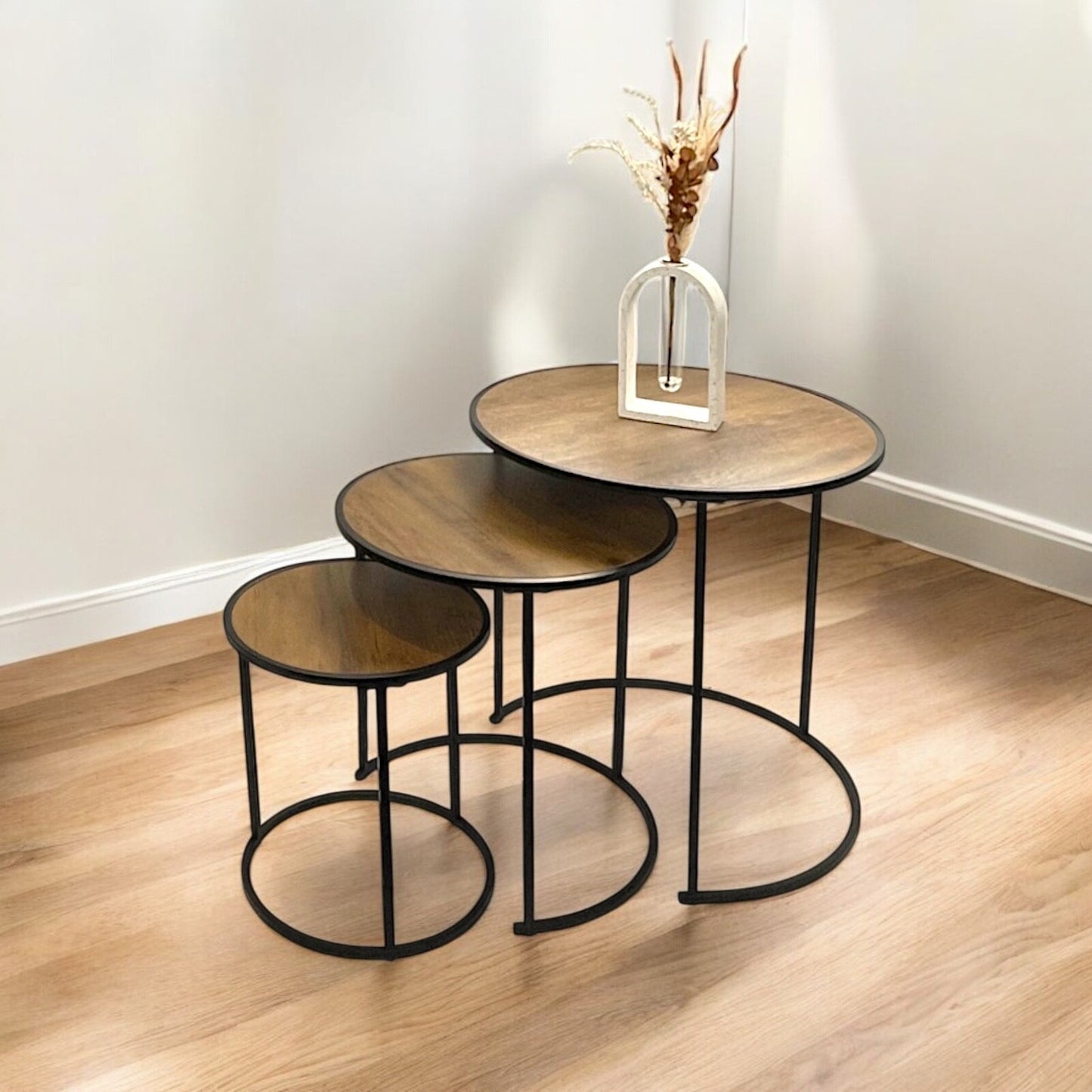 Set Of 3 Round Coffee Table Wooden Top Nest of 3 Tables Side Table - Rustic Oak