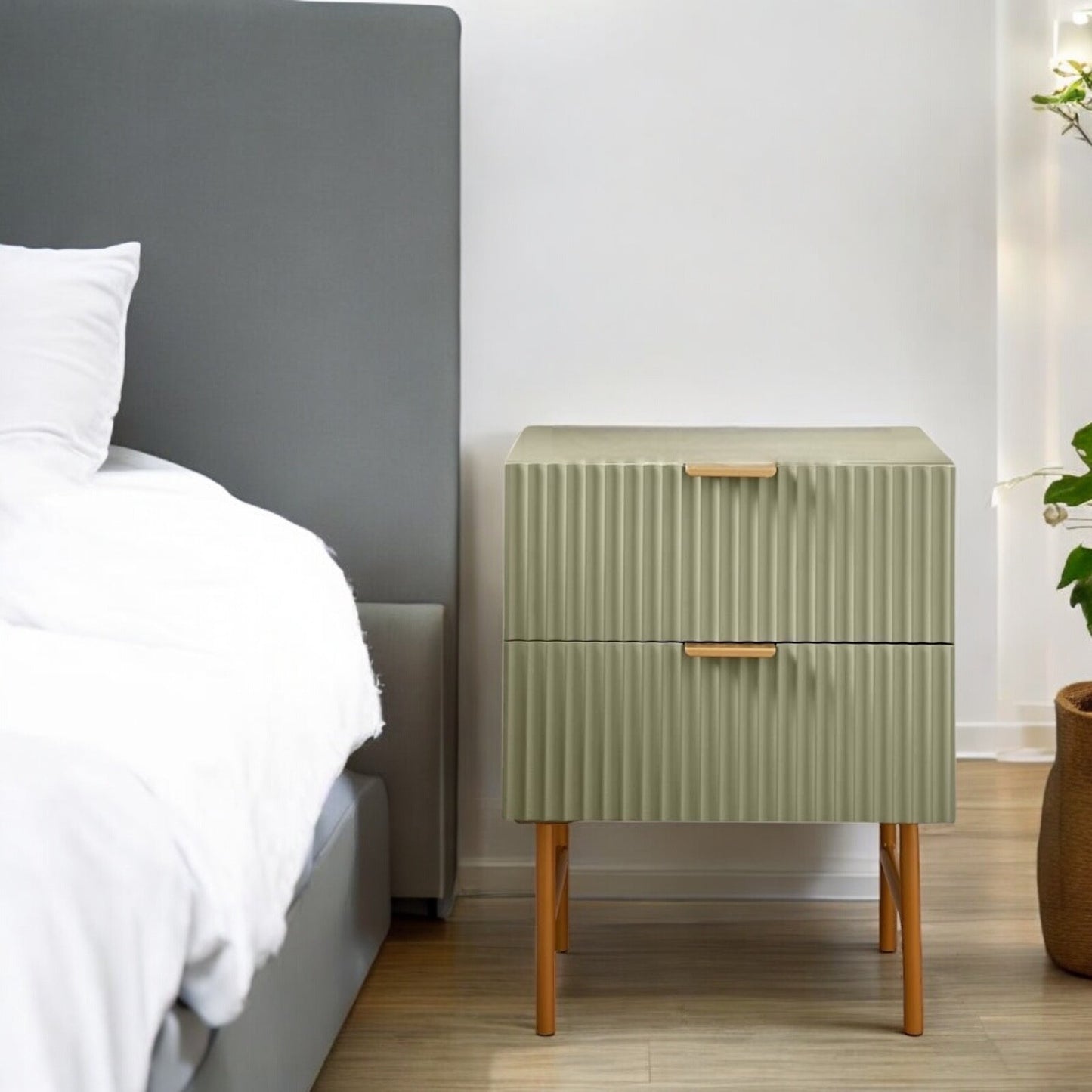 Bedside Table With 2 Drawer -Ribbed Sage
