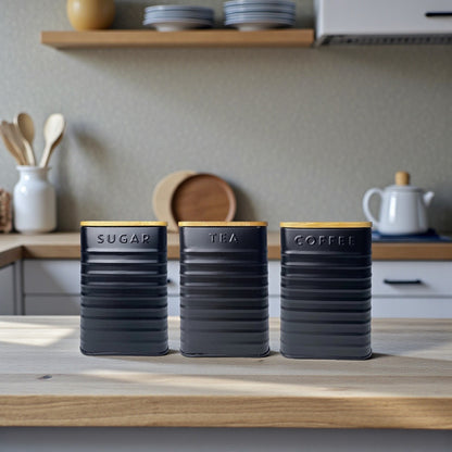 Set of 3 Tea Coffee Sugar Canisters Bamboo Lid Storage Jars Kitchen Decor