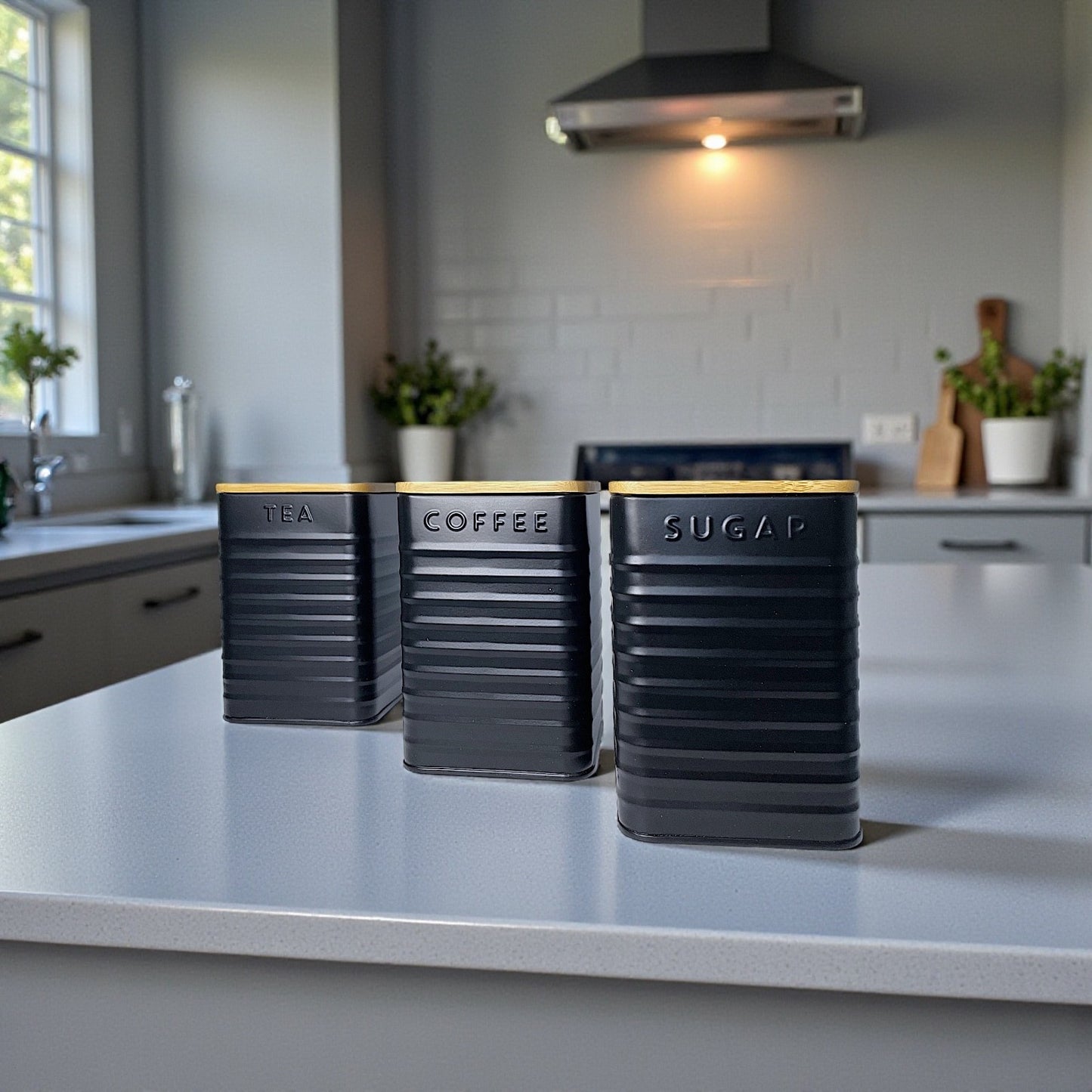 Set of 3 Tea Coffee Sugar Canisters Bamboo Lid Storage Jars Kitchen Decor