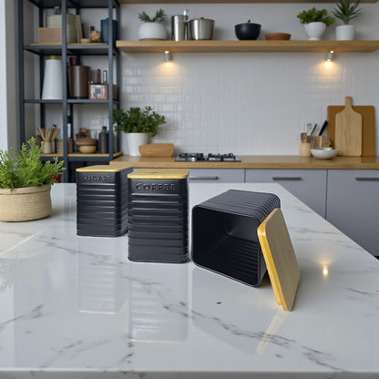 Set of 3 Tea Coffee Sugar Canisters Bamboo Lid Storage Jars Kitchen Decor