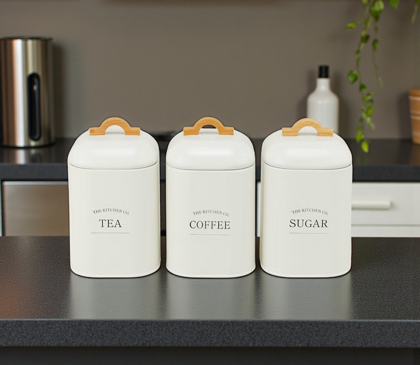Tea Coffee Sugar Metal Canisters Set of 3- white