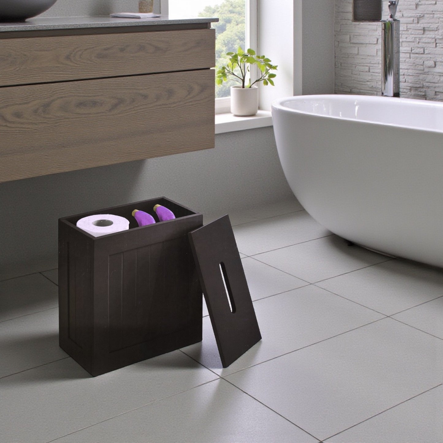 Wooden Toilet Cleaning Storage Black Tidy Box Unit