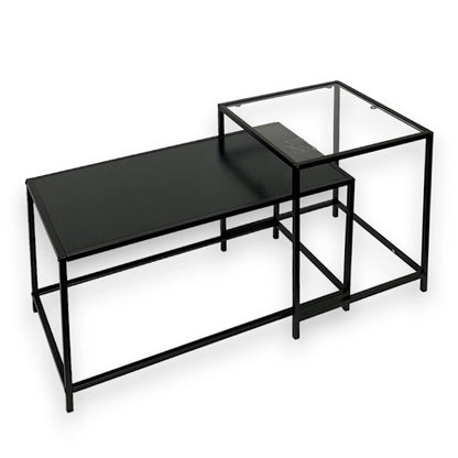 Set Of 2 Coffee Table Black Side Table with Clear Glass Top
