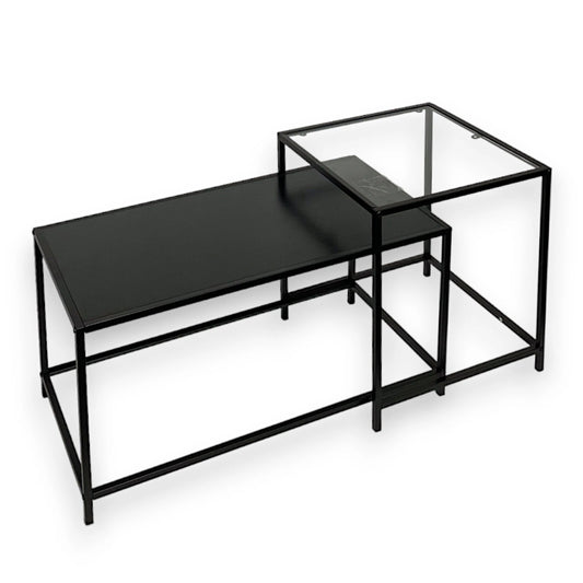 Set Of 2 Coffee Table Black Side Table with Clear Glass Top